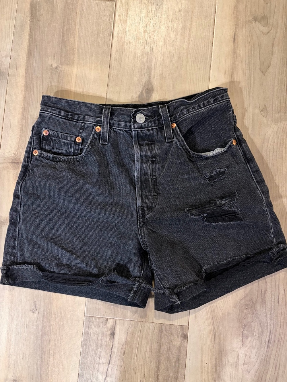 Levi's Black Distressed High-Rise Denim Shorts